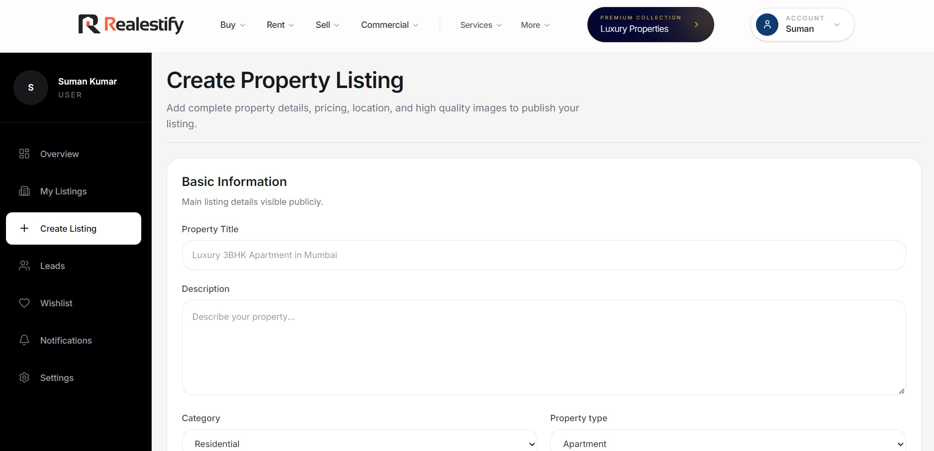 Realestify create property listing workflow
